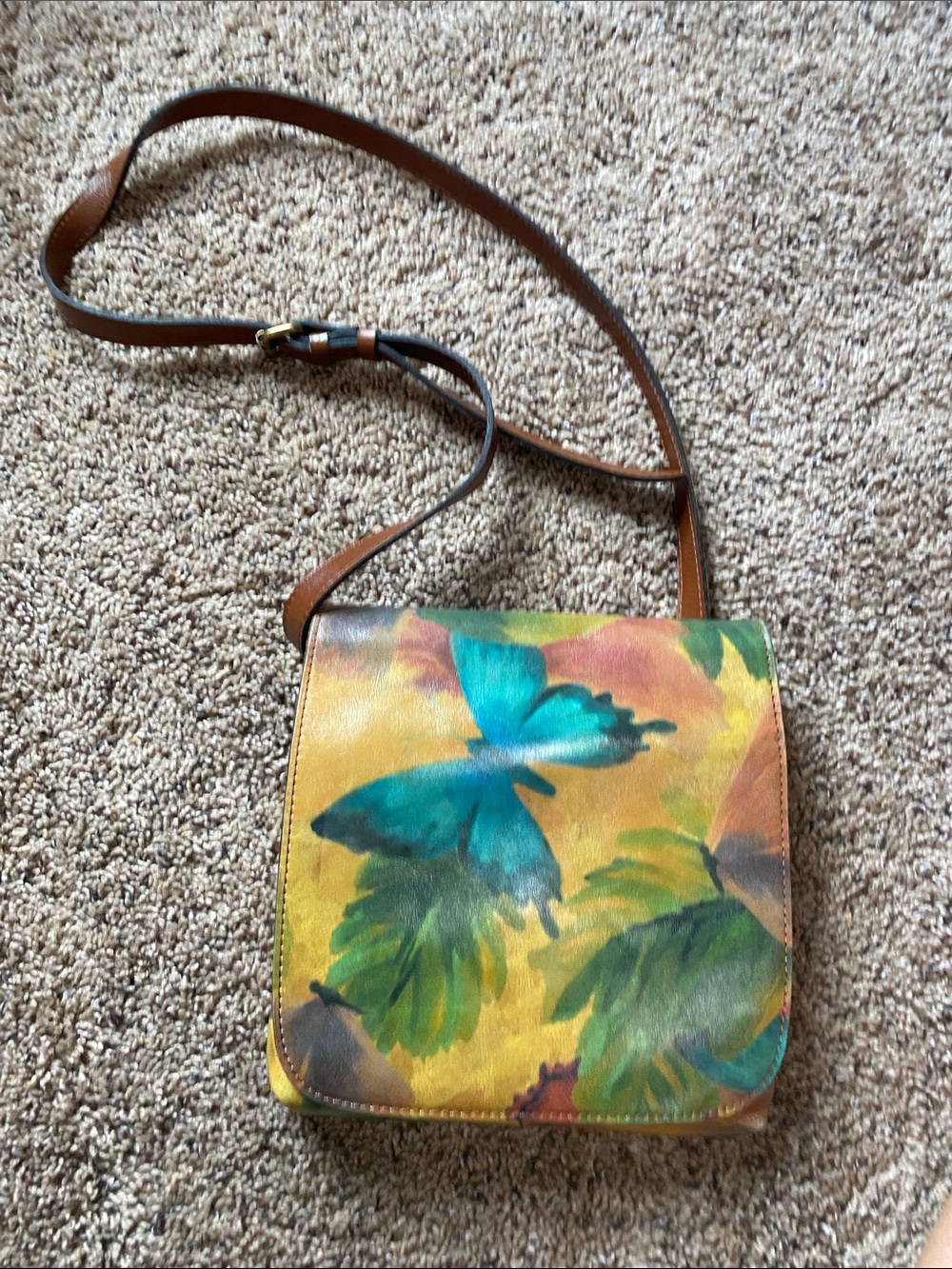 Patricia Nash Yellow Crossbody Bag with Teal Butterfly and Brown Strap
